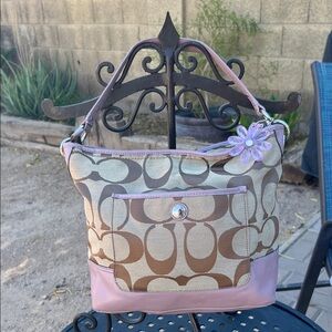 Coach Brown Signature Canvas Shoulder Bag with purple Trim